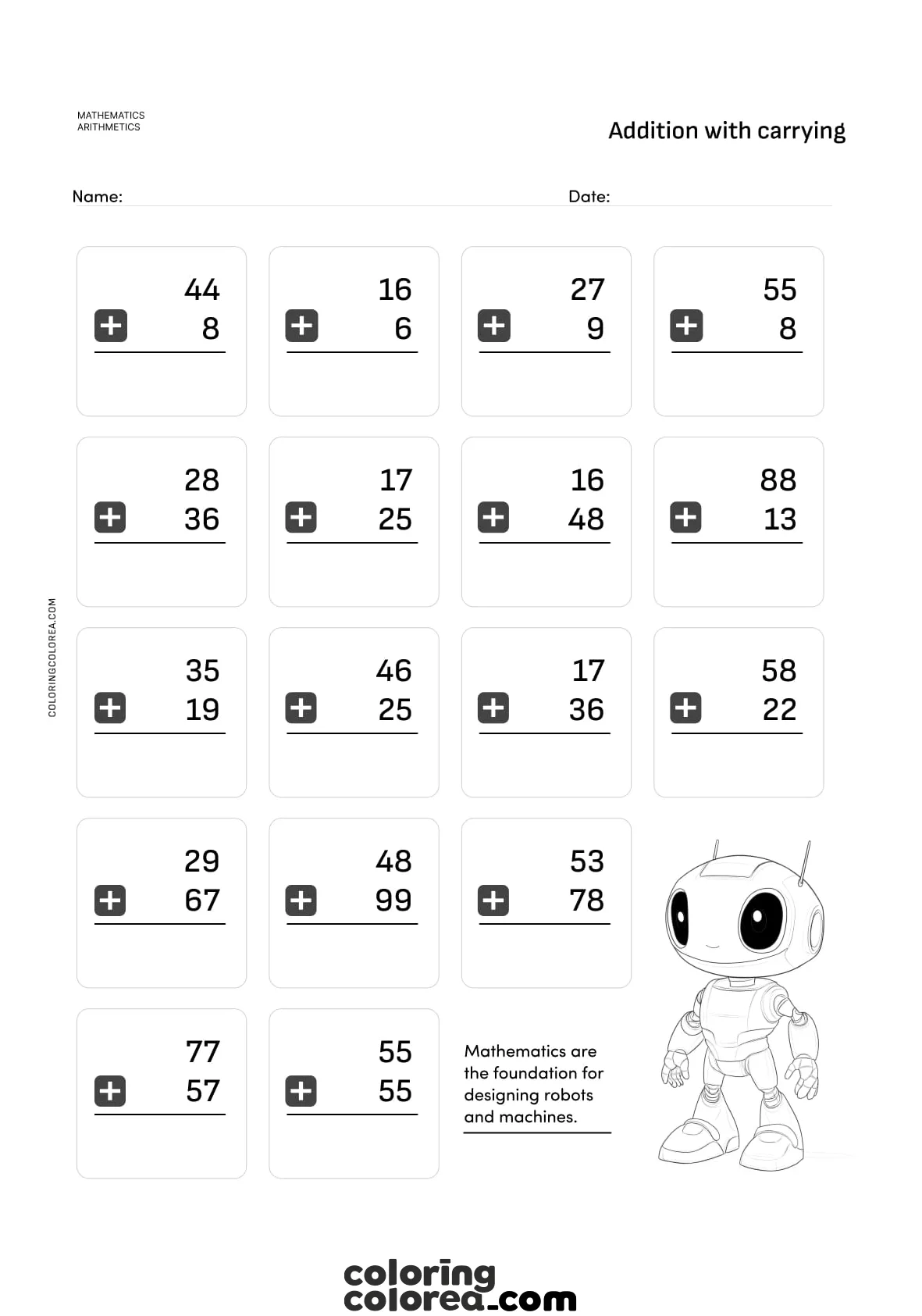 Maths exercises: addition with carried numbers for 6 to 8 year olds