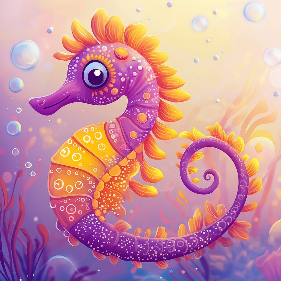 Coloured drawing of a seahorse in pink tones
