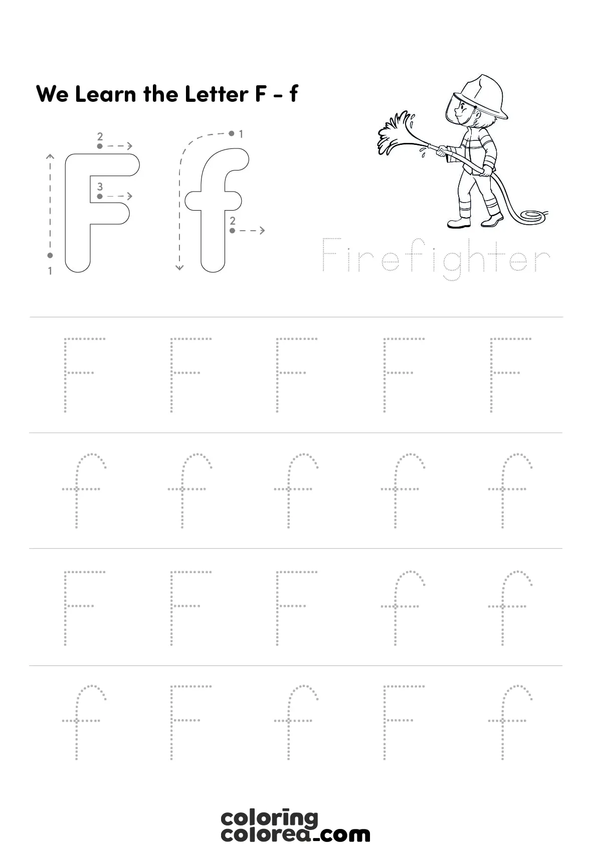 Educational worksheet. We learn to trace the upper and lower case letter f.