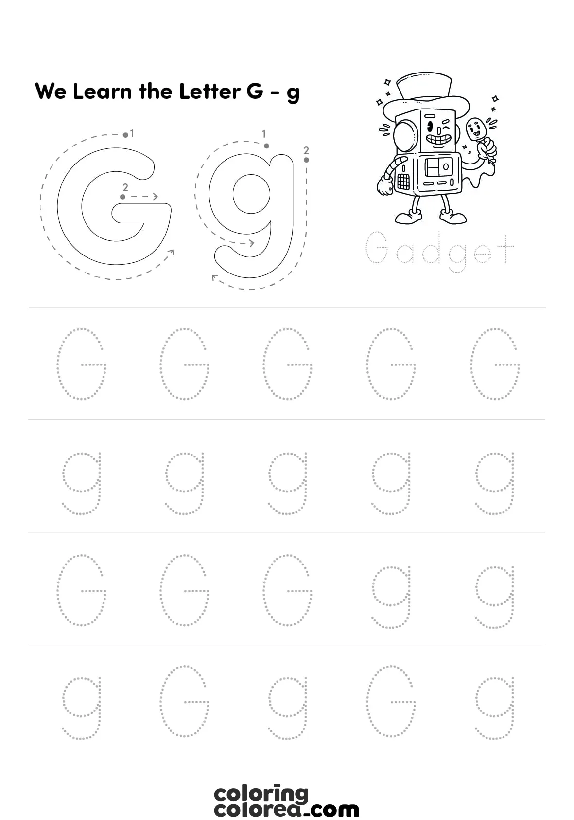 Educational worksheet. We learn to trace the upper and lower case letter g.