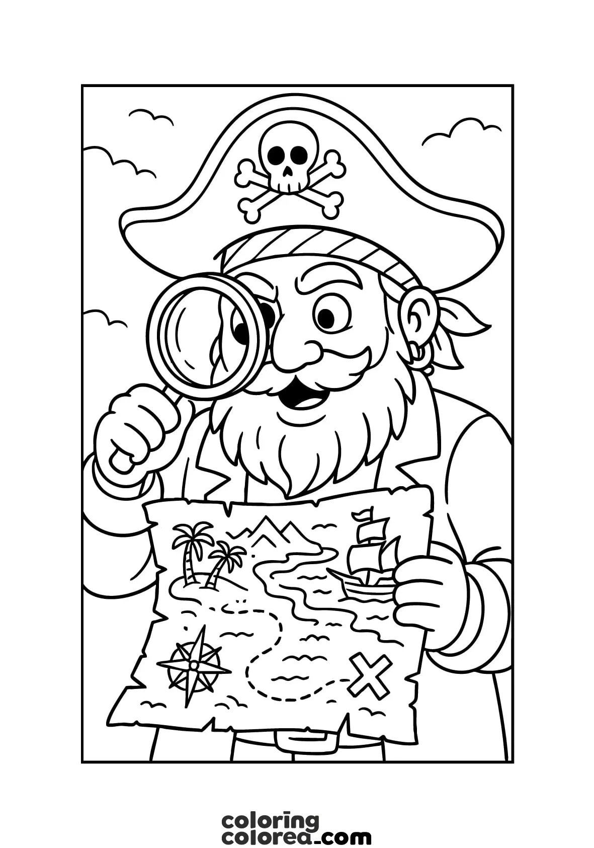 Dibujo para colorear de un pirata mirando el mapa del tesoro