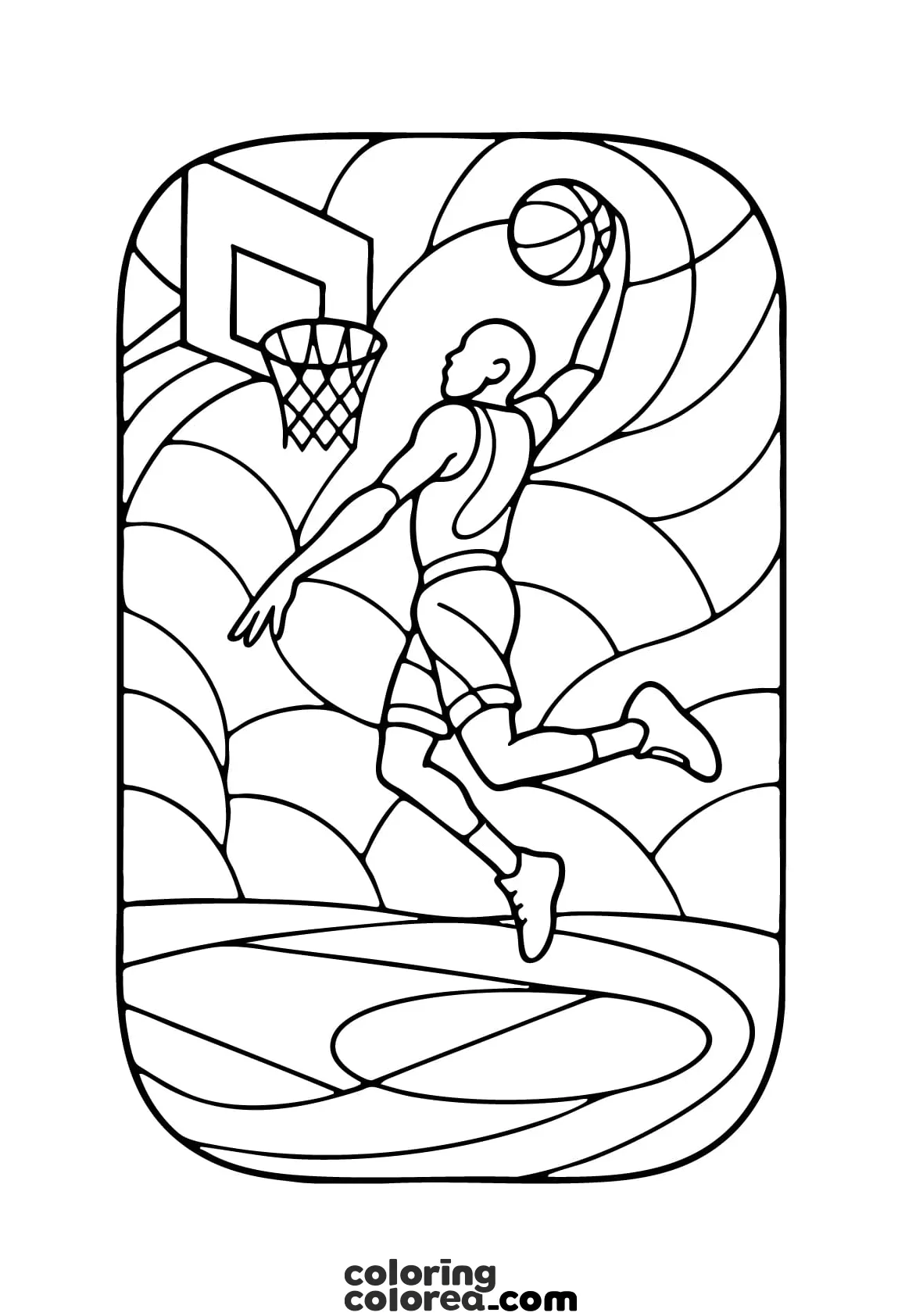 Colouring drawing of a basketball player dunking a basketball ball