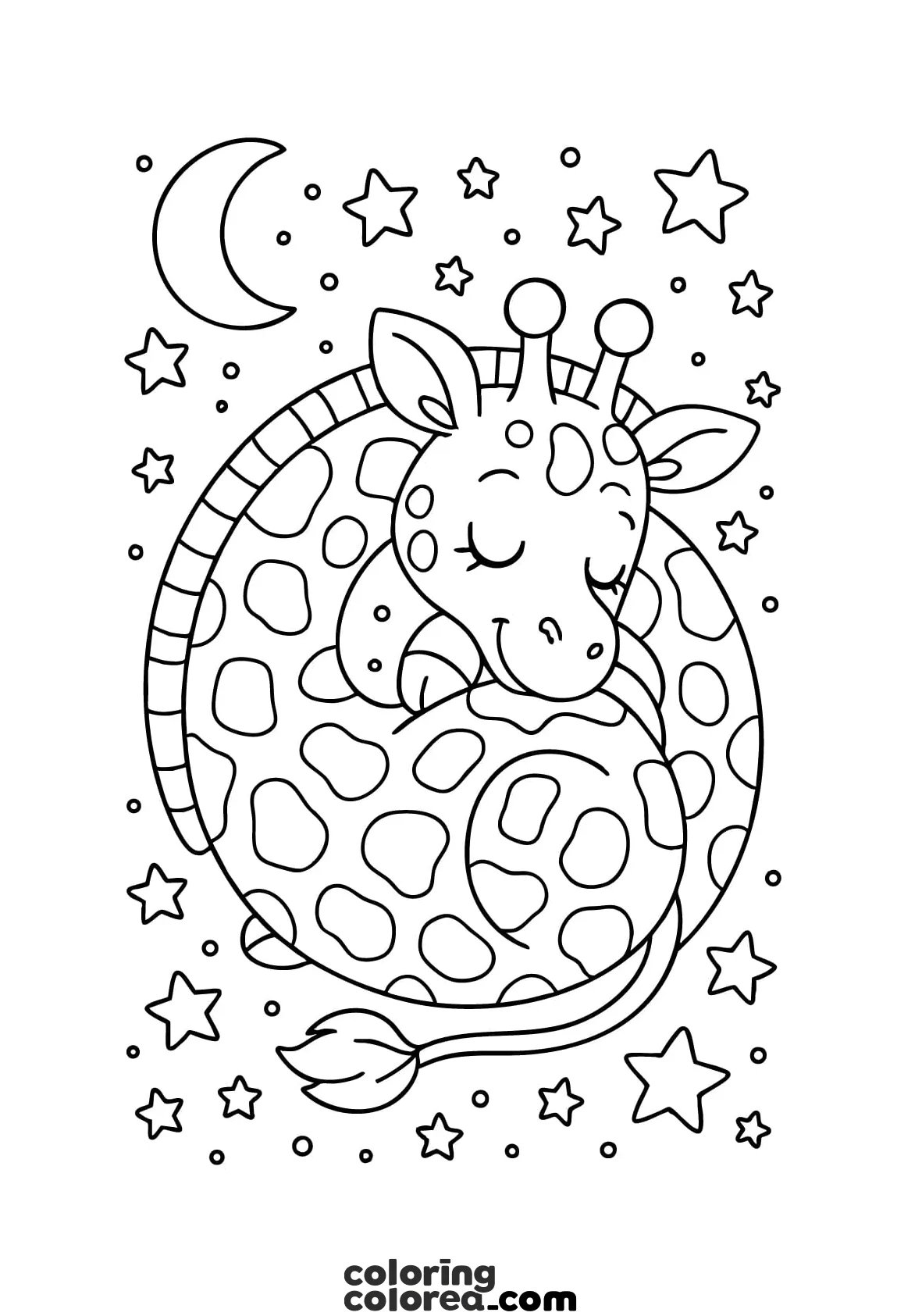 Dibujo para colorear gratis de una jirafa durmiendo plácidamente