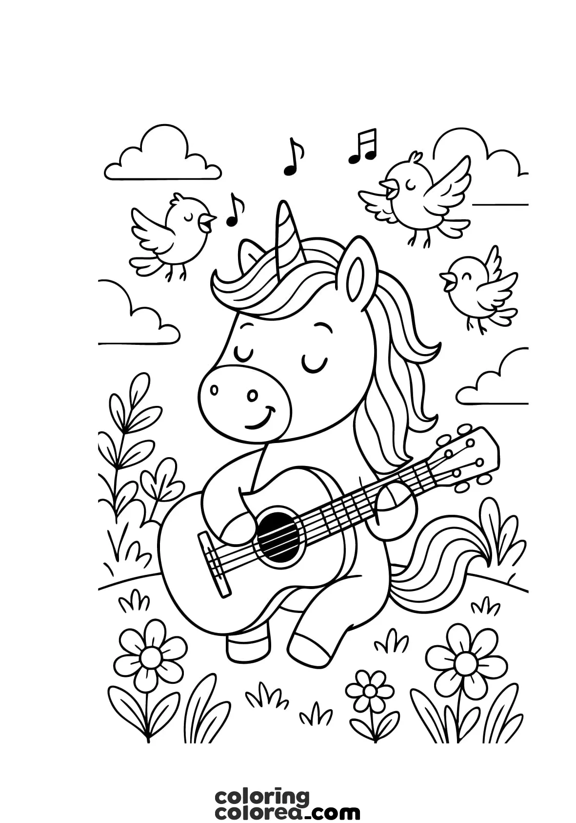 Colouring drawing of a unicorn playing the guitar in the countryside