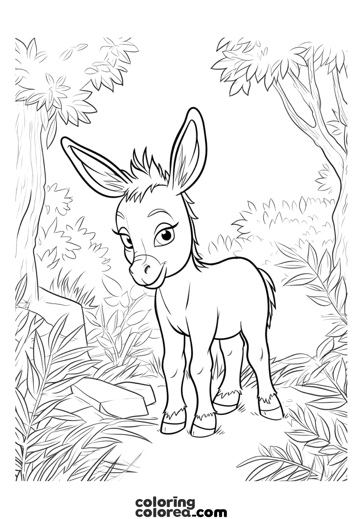 Colouring drawing of a nice donkey surrounded by vegetation