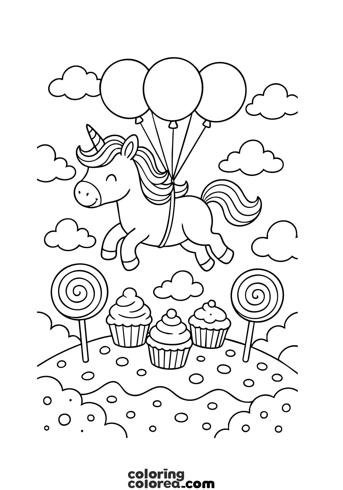 Colouring drawing of a unicorn flying with many colours on a pastel city.