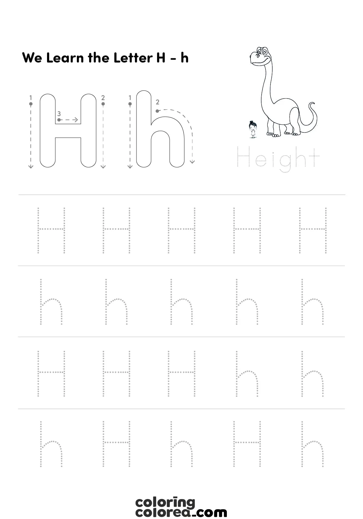 Educational worksheet. We learn to trace the capital letter H and the lower case letter h.