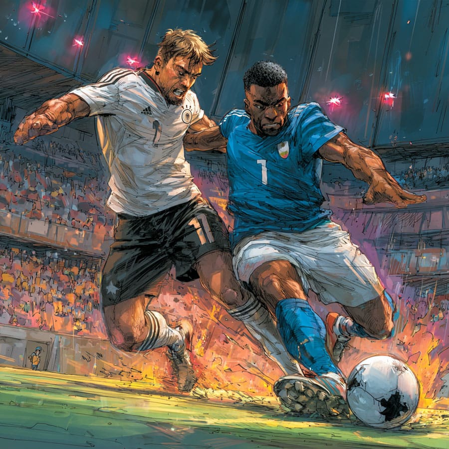Dibujo de dos jugadores de fútbol disputando el balón