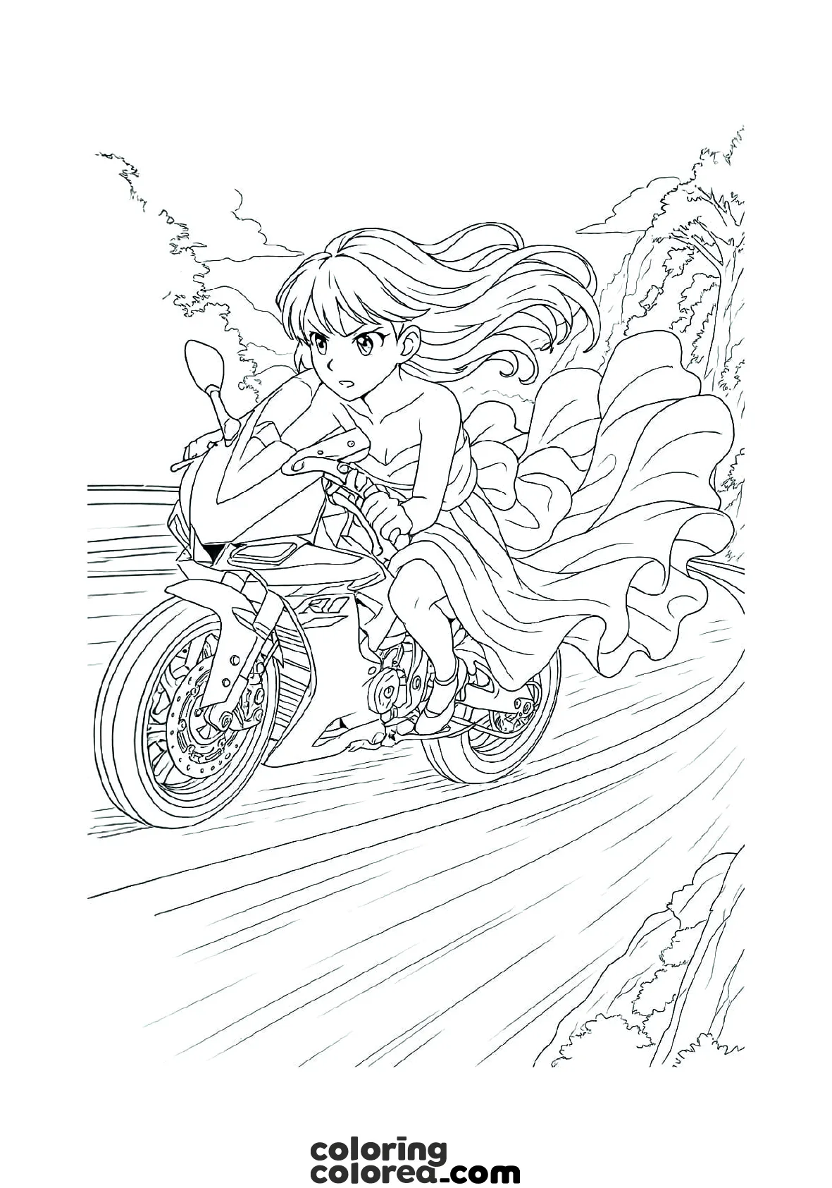 Dibujo de estilo anime - manga de una chica en una moto a toda velocidad