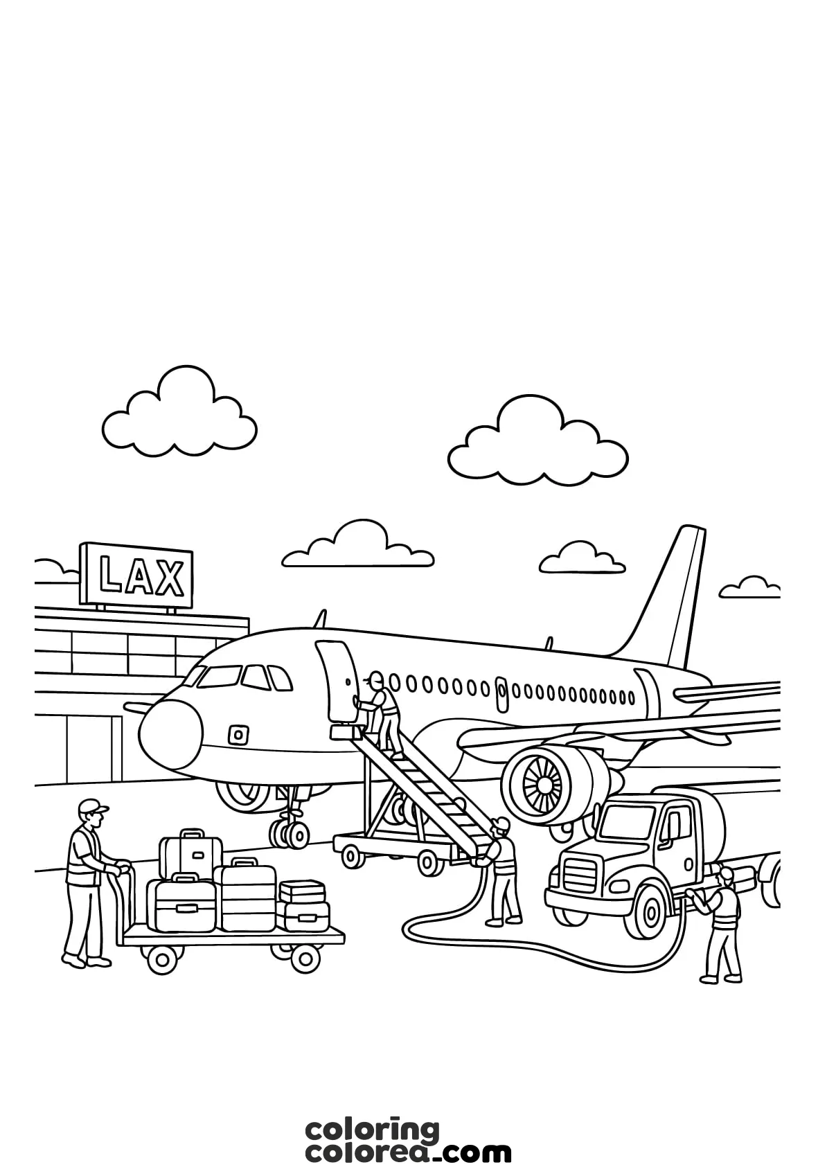 Dibujo para colorear de un avión en aeropuerto preparando el despegue