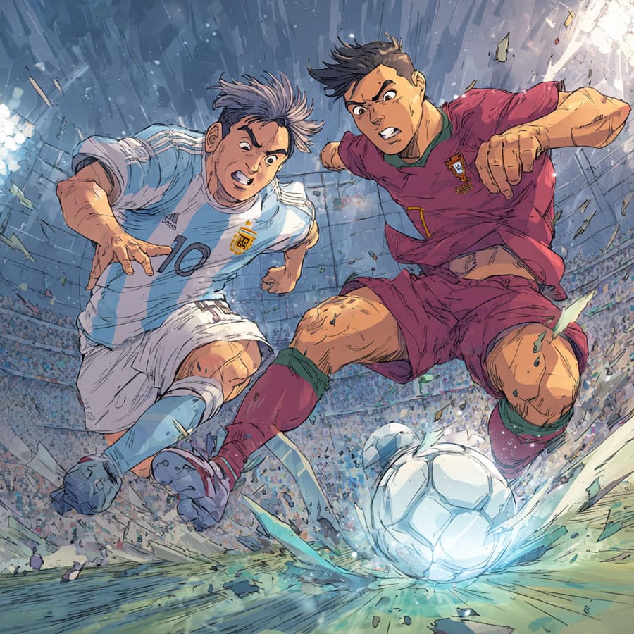 Dibujo épico en la que dos jugadores luchan por el balón