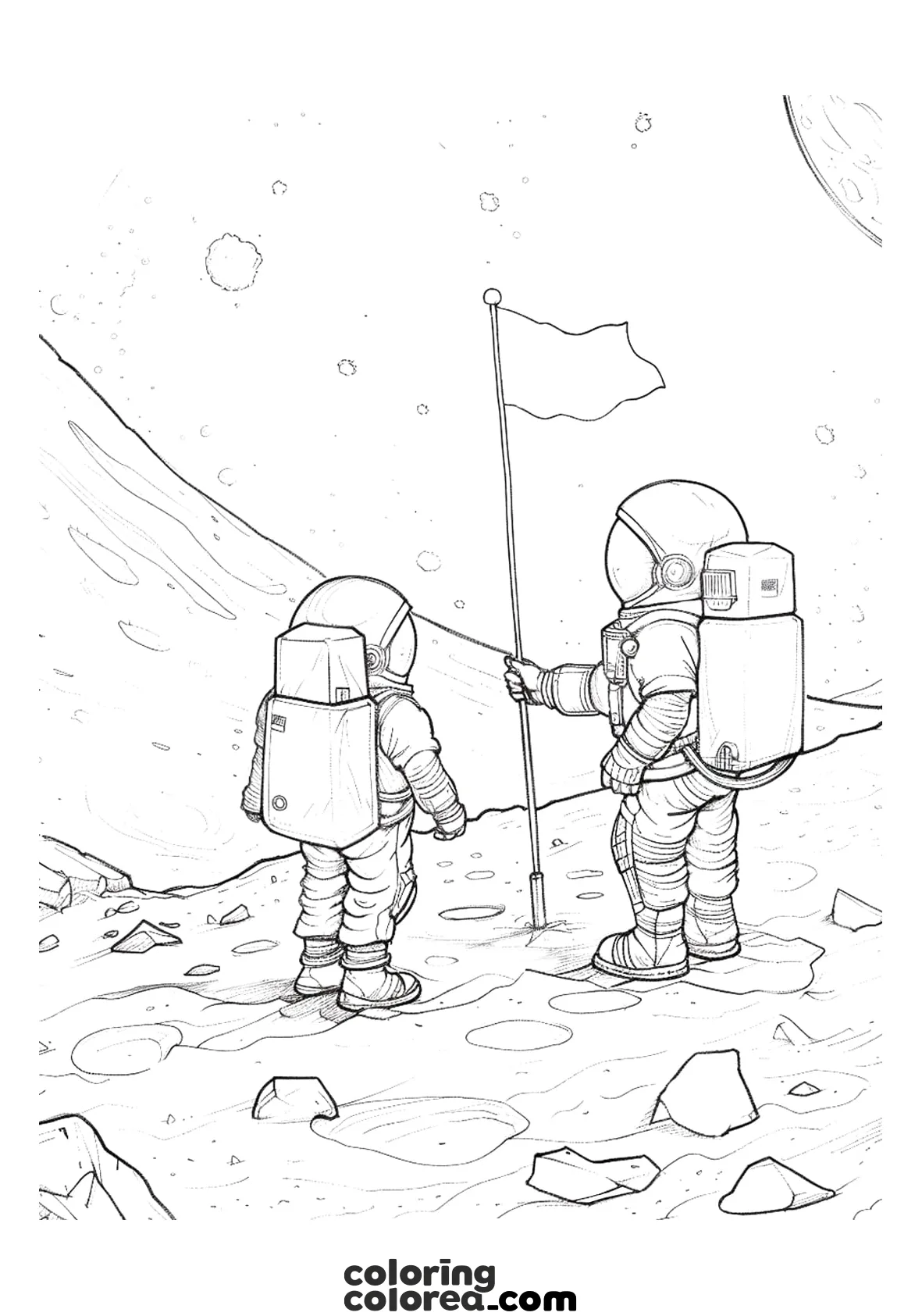 Free colouring pages of 2 astronauts in the race to conquer the planets of space