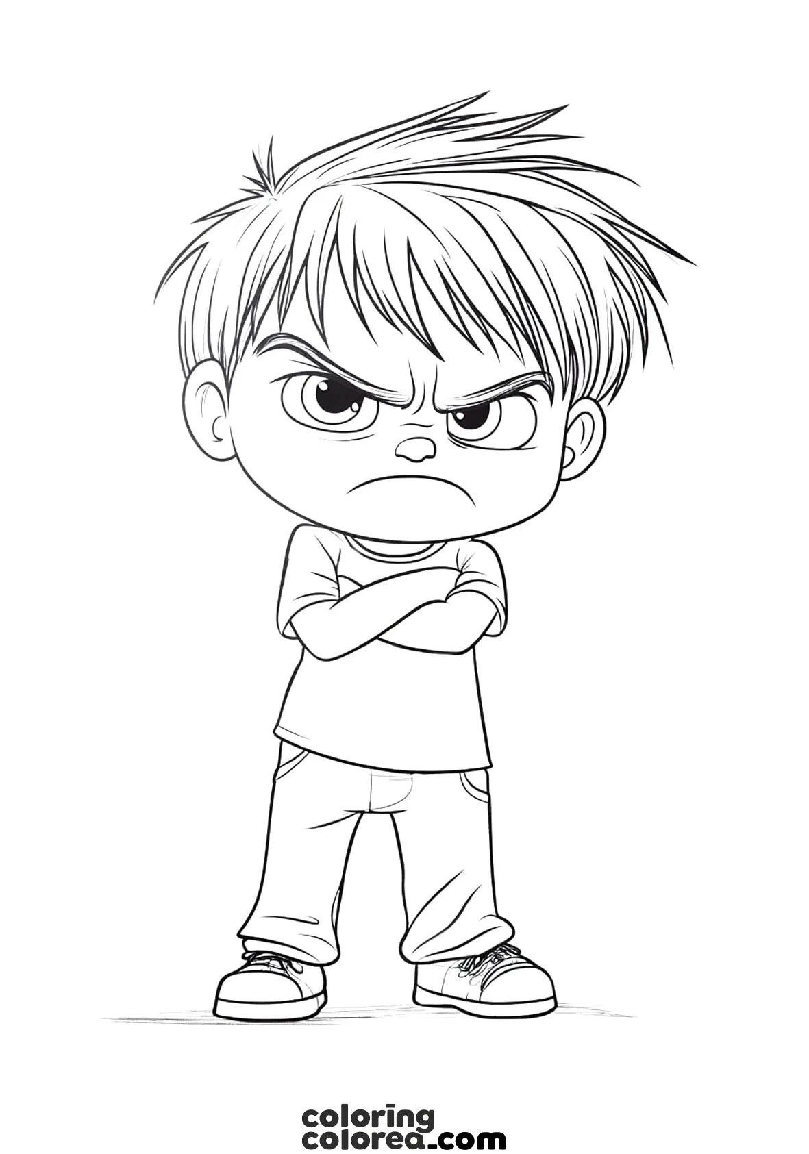 Drawing of a child with a posture between angry and resigned.