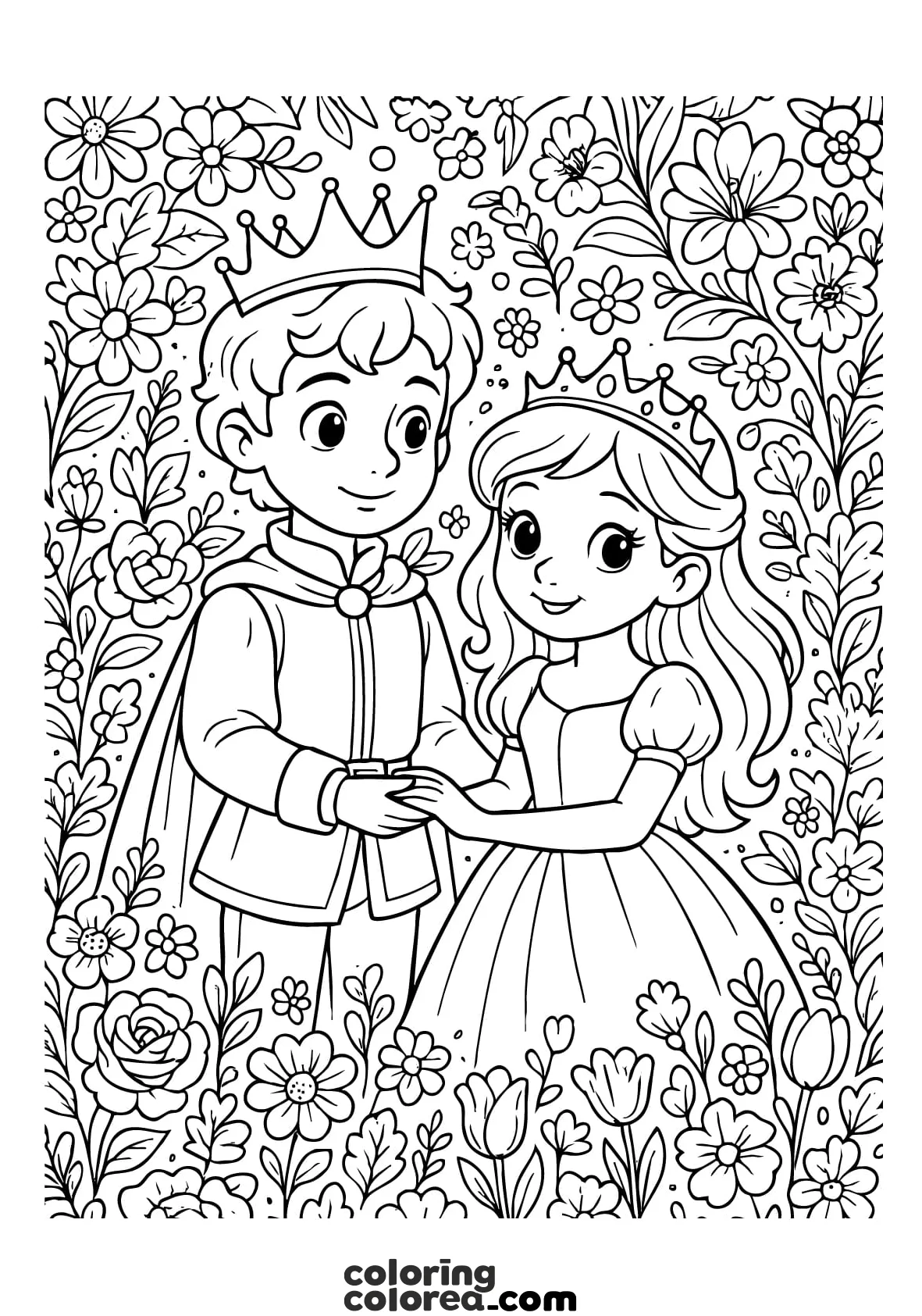 Colouring drawing of a romantic scene of a prince and princess in a frame with flowers