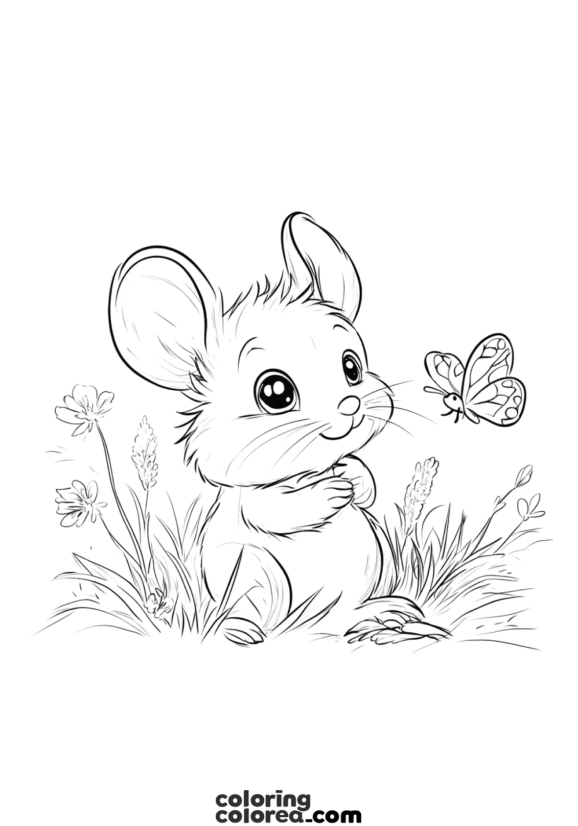 Drawing for colouring of a wild mouse in the field with a butterfly
