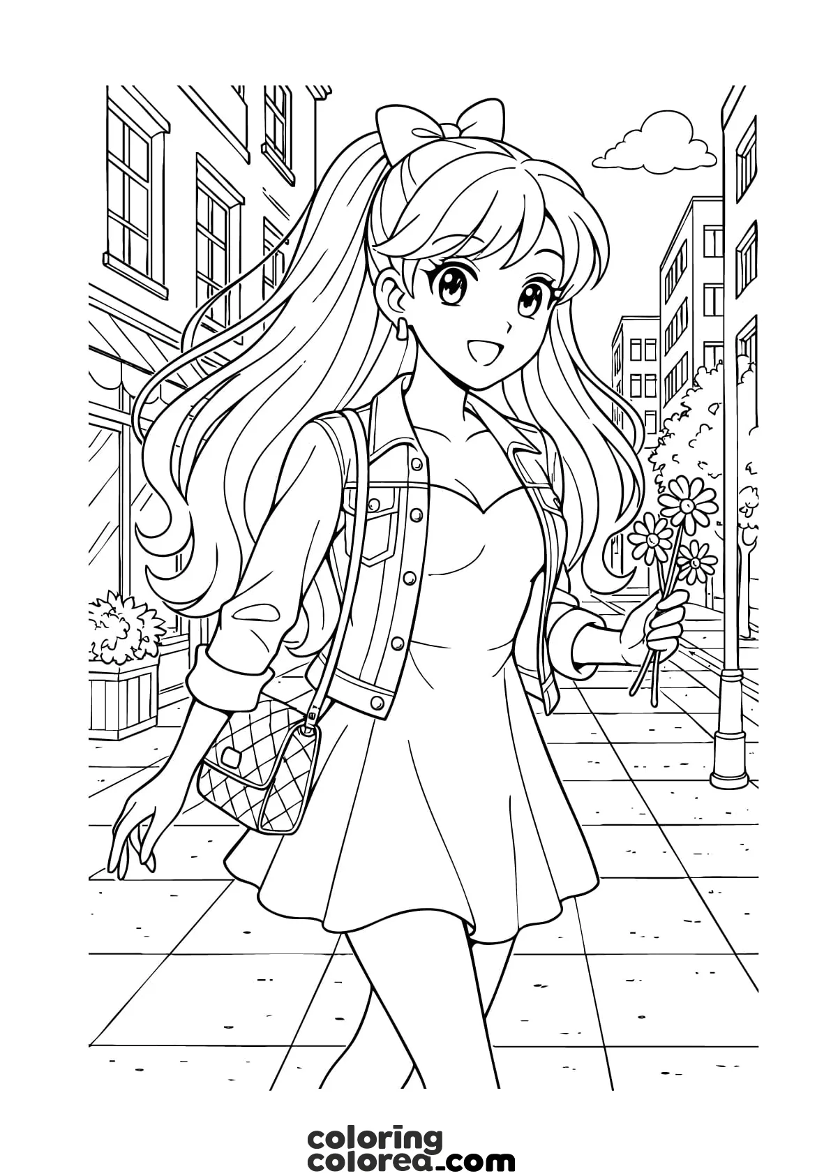Dibujo de un chica cruzando la calle con flore en la mano, estilo manga/anime