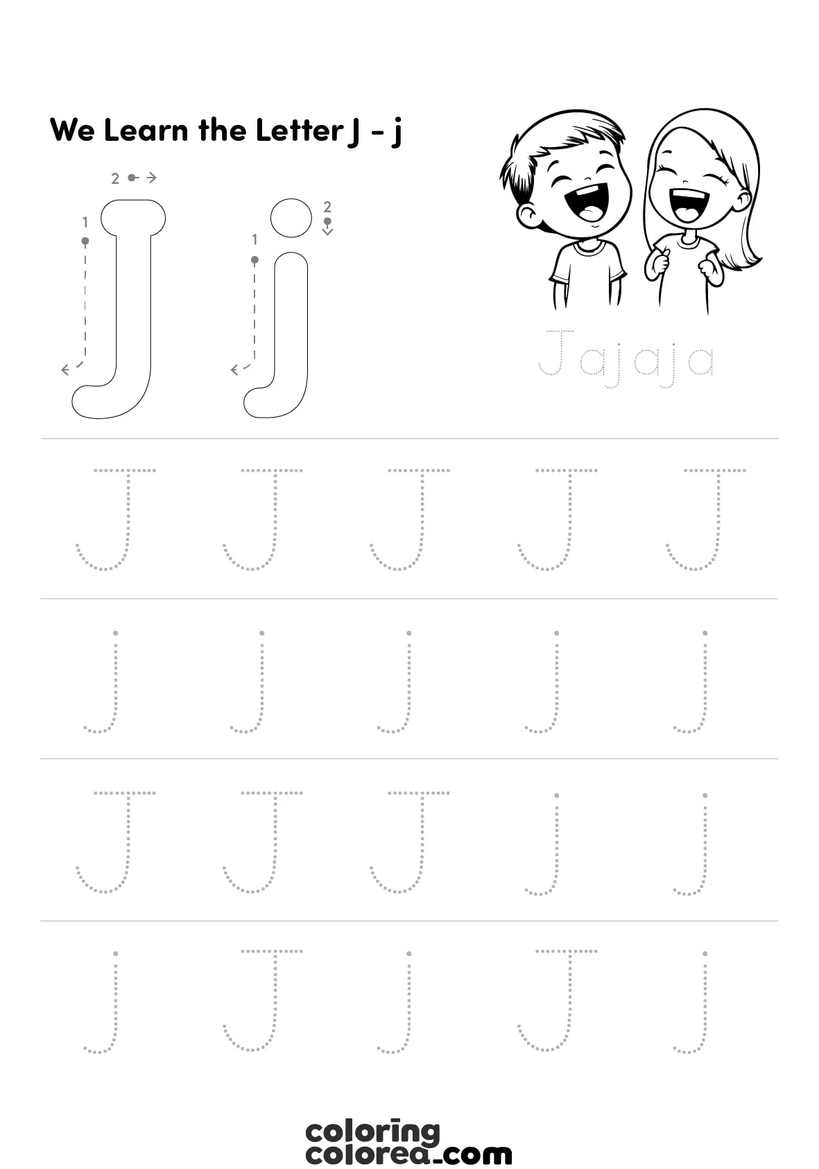 We learn to trace and read the letter J. Free educational resource