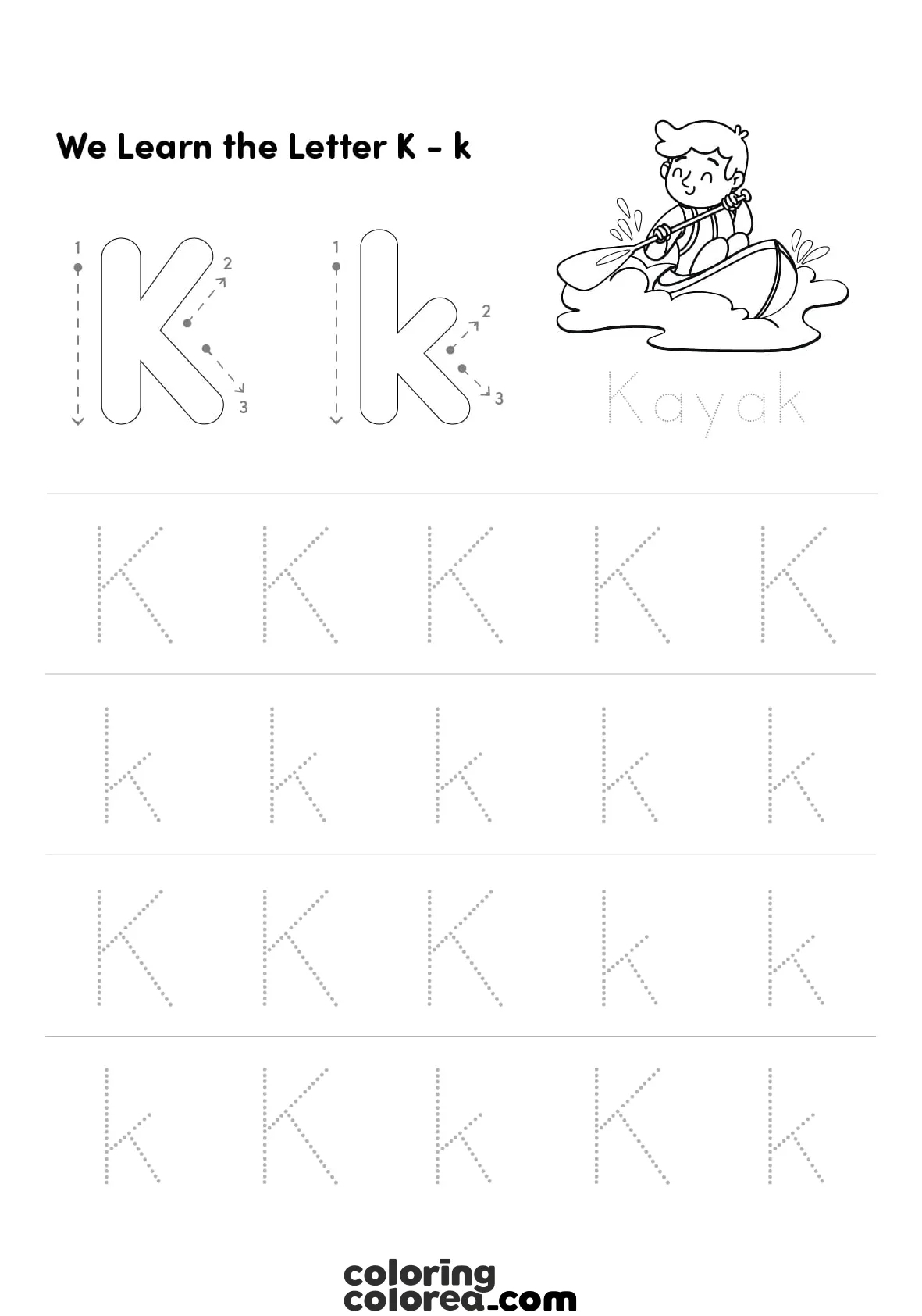 Educational worksheet. We learn to trace the capital letter K and the lower case k.