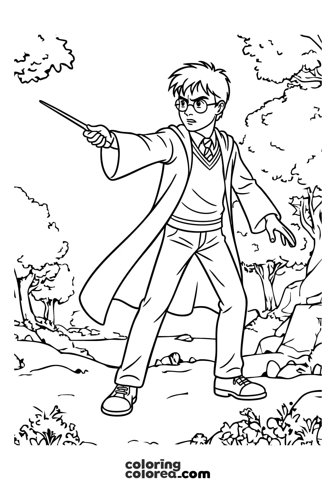 Free colouring page of Harry Potter casting a spell
