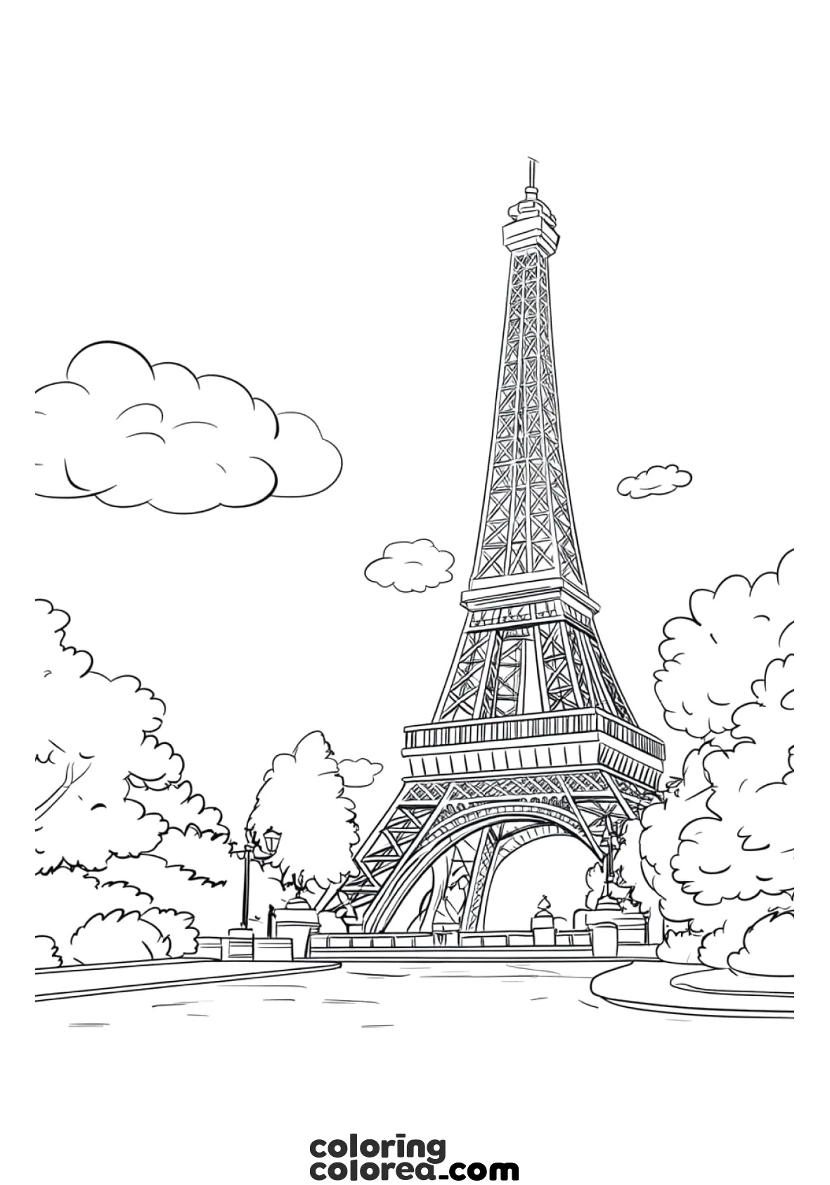 Free colouring picture of the Eiffel Tower on the banks of the River Seine in Paris