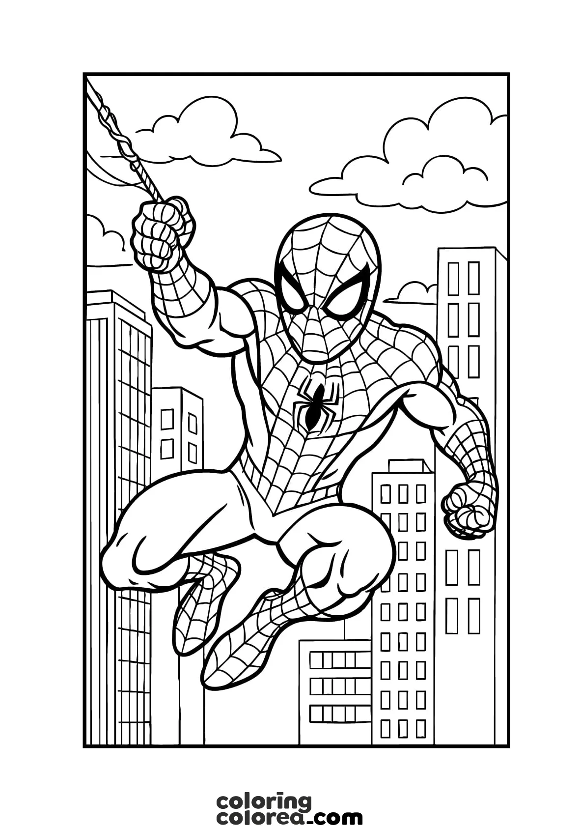 Free colouring action drawing of the famous superhero Spiderman