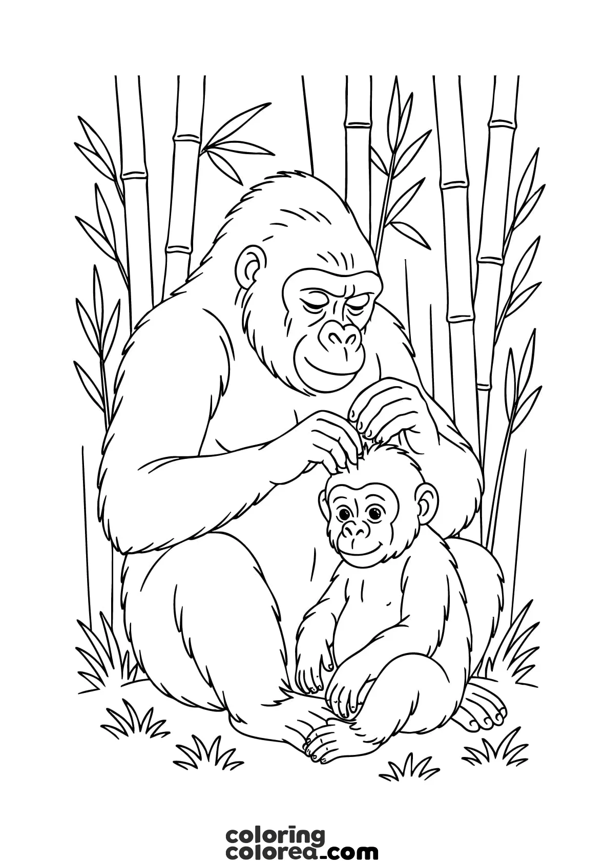 Colouring drawing of a mother gorilla and her baby gorilla