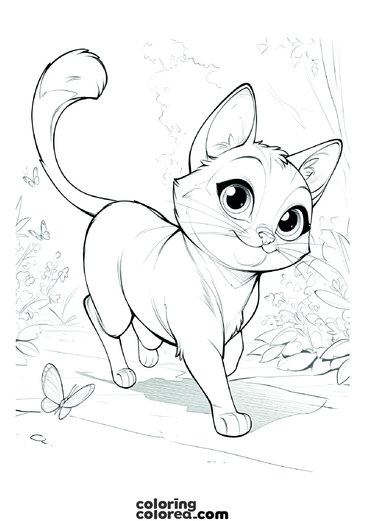 Drawing for colouring of a cat walking among butterflies