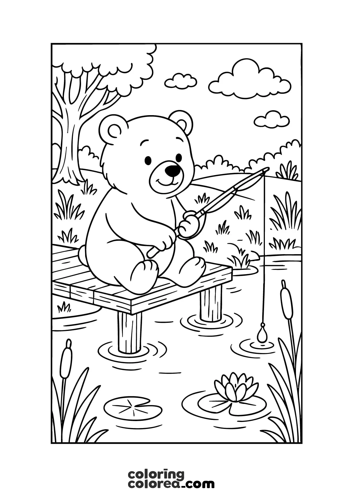 Drawing of an adorable teddy bear fishing