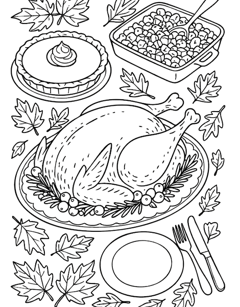Dibujo para colorear de la mesa en el Día de Acción de Gracias