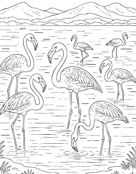 Dibujo para colorear de flamencos en un lago