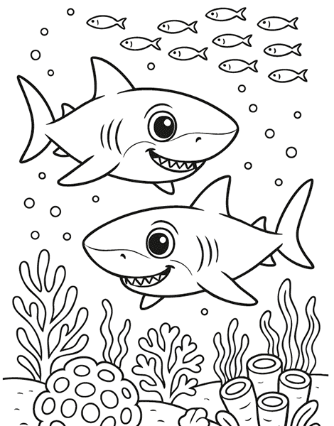 Dibujo para colorear de 2  tiburones en el fondo del mar