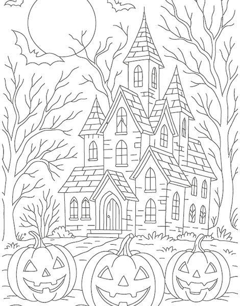 Dibujo para colorear de una casa encantada. en Halloween