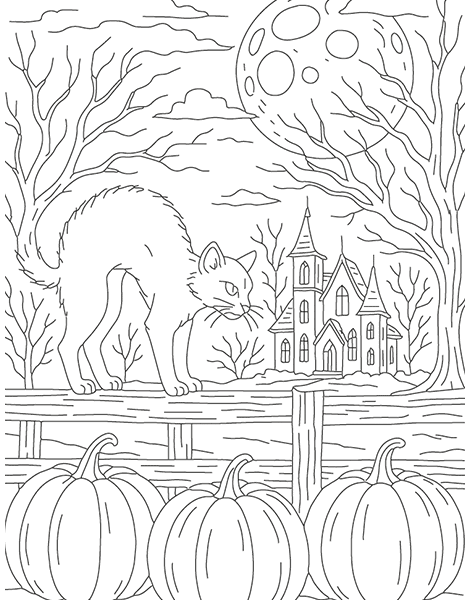 Colouring picture of a cat bristling on Halloween night