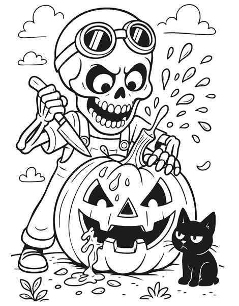 Dibujo para colorear de una esqueleto tallando una calabaza de Halloween