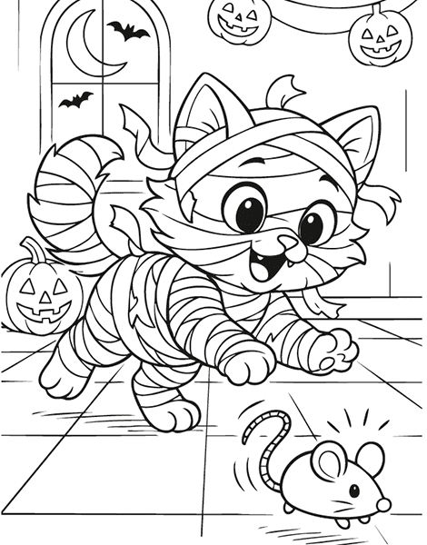 Dibujo para colorear de un gatito disfrazado de momia en Halloween