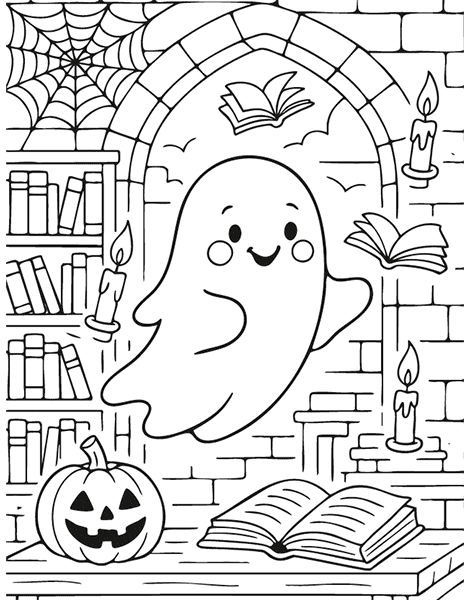 Dibujo para colorear de un adorable fantasma en una biblioteca en Halloween