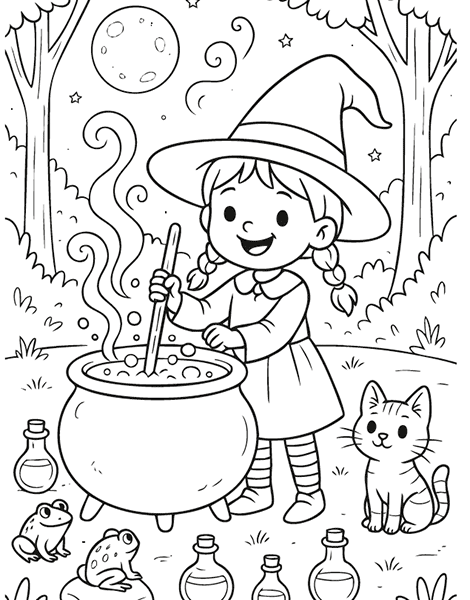 Dibujo para colorear de una pequeña bruja haciendo pociones en su caldero
