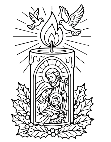 Colorea gratis este dibujo de una vela con la Sagrada Familia. ¡Todo un reto creativo!