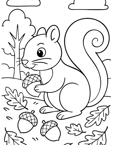 Dibujo para colorear de una ardilla recogiendo bellotas en otoño