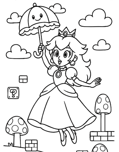 Dibujo para colorear de la Princesa Peach de Super Mario flotando con una sombrilla y rodeada de nubes y setas.