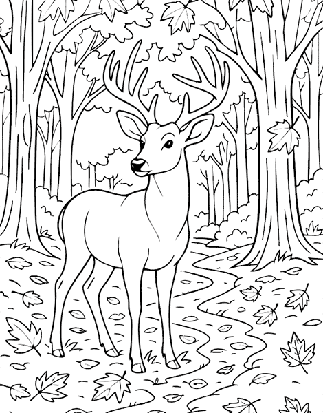 Colorea gratis el dibujo de un gran ciervo adulto en el bosque