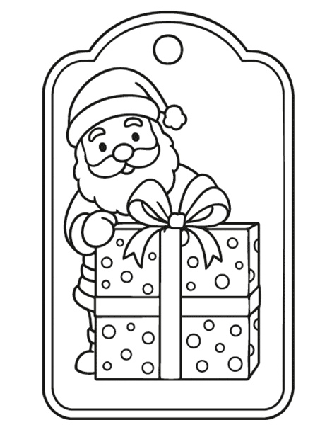 Imprime y colorea etiquetas de Papá Noel para colgar del árbol de Navidad o etiquetar los regalos