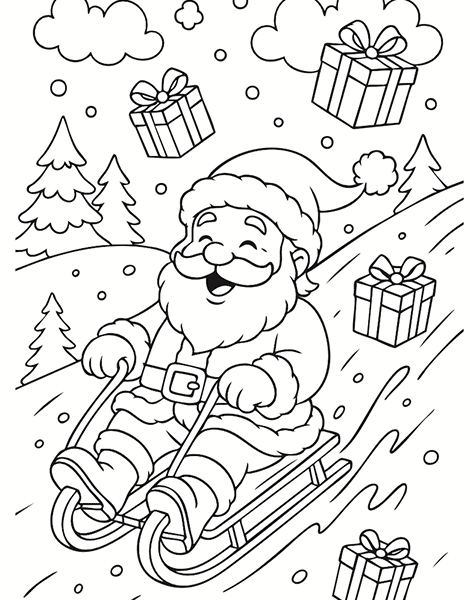 Colouring picture of a fun Christmas sleigh ride with Father Christmas