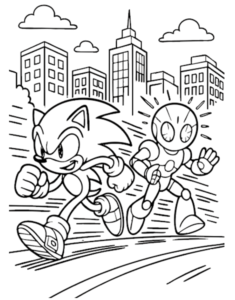 Colouring picture of Sonic being chased by one of Dr. Eggman's Badnik robots