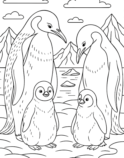Colorea gratis dos pingüinos adultos y dos crías en un paisaje polar con montañas y océano.