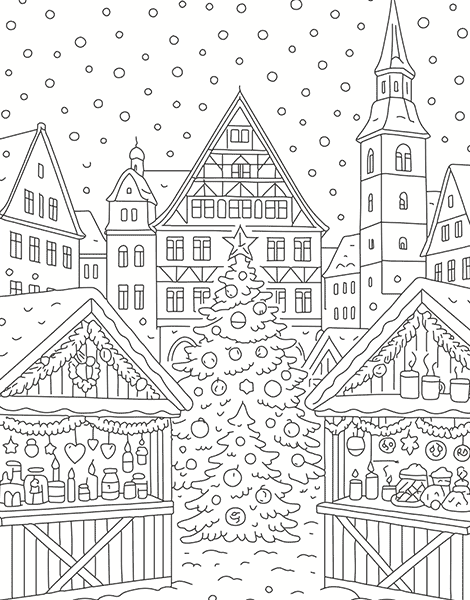Colouring picture of a charming Christmas village