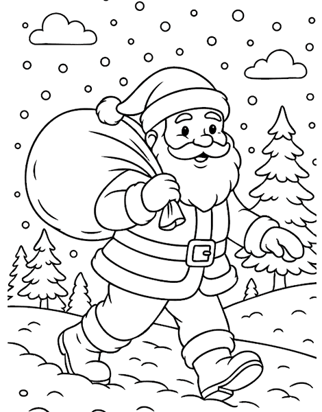 Colouring picture of Father Christmas walking in the snow