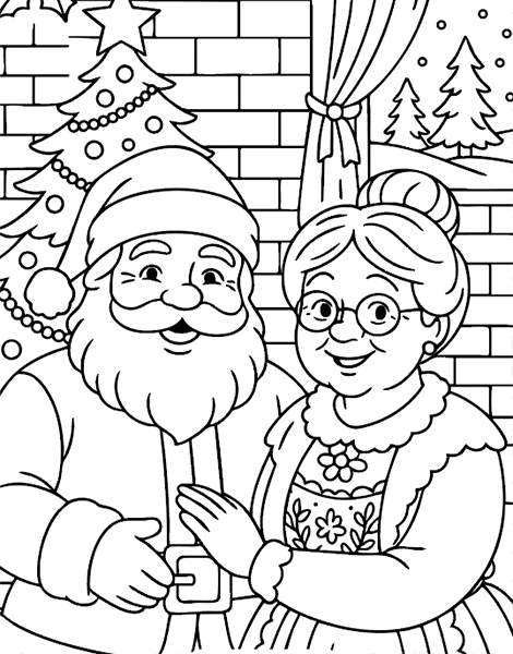 Free colouring picture of Father Christmas and Mother Christmas at Christmas
