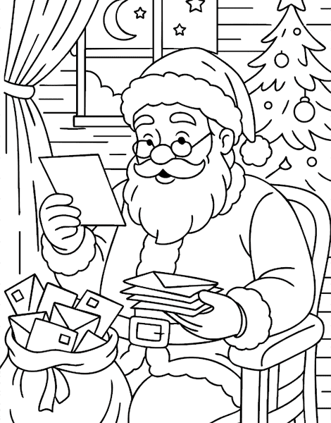 Dibujo para colorear de Papá Noel leyendo cartas de los niños en Navidad