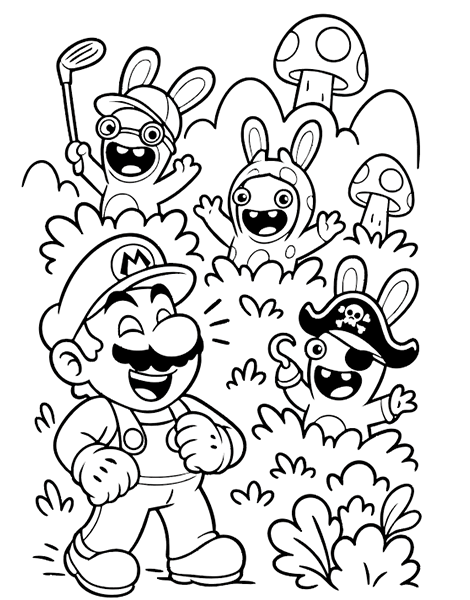 Colouring picture of Mario with several amusing and eccentric Rabbids